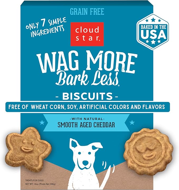 Cloud Star Corp, Wag More Bark Less Oven-Baked Grain Free Smooth Aged Cheddar Dog Biscuits