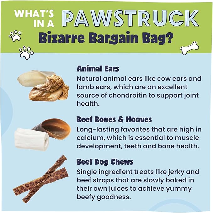 Pawstruck Bizarre Bargain Bag Assorted Natural Dog Chew Treats - Animal Ears, Jerky, Bones, Hooves, Beef Straps - Long Lasting Rawhide Alternative for Chewers All Breeds - 1 lb - Packaging May Vary