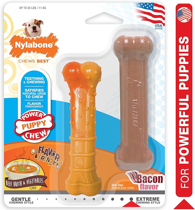 Nylabone Puppy Power Chew Toy - Tough and Durable Puppy Chew Toy for Teething - Puppy Supplies - Bacon & Beef Broth Flavor, Small (2 Count)