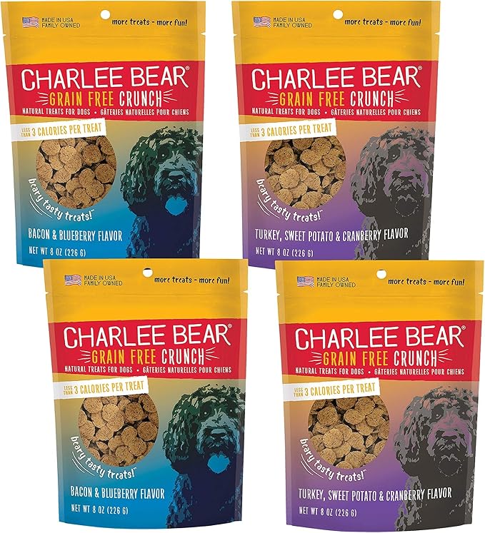 Charlee Bear Grain Free Bear Crunch Dog Treats 2 Flavor Variety Bundle: (2) Bacon & Blueberry Flavor and (2) Turkey, Sweet Potato & Cranberry Flavor, 8 Ounces Each (4 Pack)