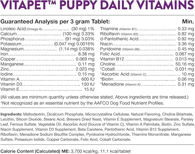NaturVet VitaPet Puppy Daily Vitamins Plus Breath Aid for Puppies, 60 ct Time Release, Chewable Tablets, Made in The USA with Globally Source Ingredients