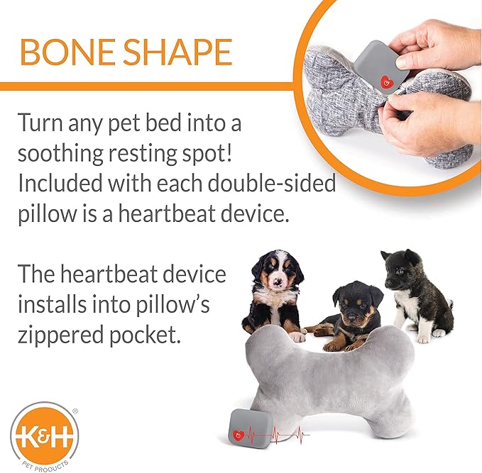 K&H Pet Products Mother's Heartbeat Calming Dog Toy Bone Pillow Gray Large Breed Heartbeat 13 Inch