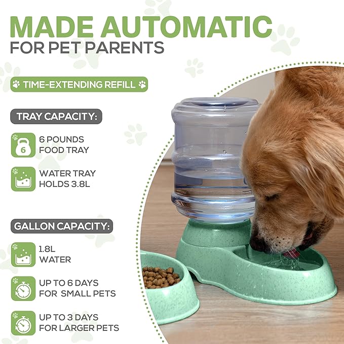 2 Pack Self Feeding Dog Food and Water Dispenser - 3.75L Automatic Pet Feeder for Small & Medium Dogs, Spill Proof Gravity Cat Feeder and Water Dispenser (Green)