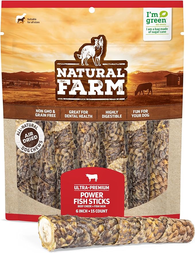 Natural Farm Power Fish Sticks Dog Chews (6”, 15-Pack), 2-in-1 Power Chews: Premium Beef Cheek Wrapped in Crunchy Tilapia Skin, Rich in Omega 3s, Long Lasting Protein Chew with Health Benefits