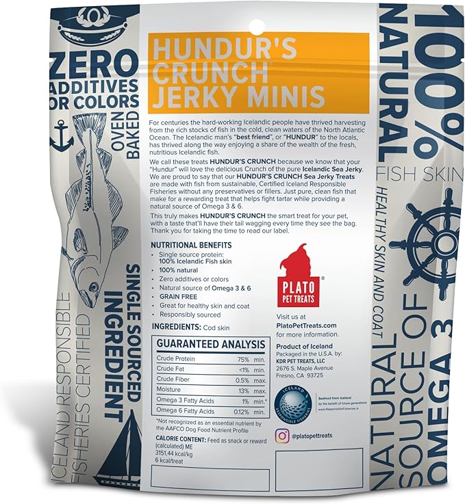 PLATO Hundur's Crunch Fish Dog Treats Variety Pack, (1) Fish Jerky Fingers 3.5oz and (1) Fish Jerky Minis 3.5oz, 7oz Total
