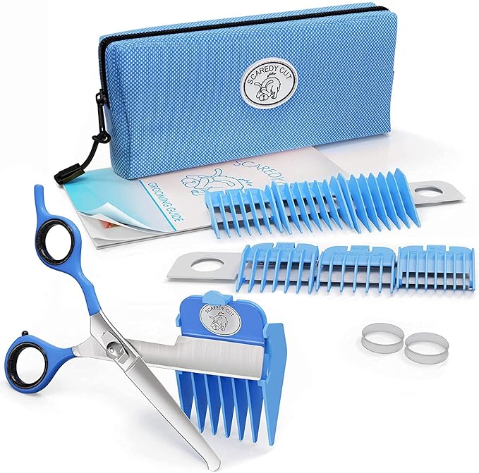 SCAREDY CUT Silent Pet Grooming Kit for Dog, Cat and all Pet Grooming - A Quiet Alternative to Electric Clippers for Sensitive Pets (Left-Handed Blue)