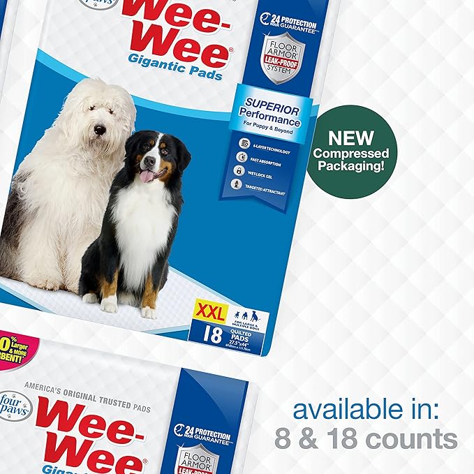 Four Paws Wee-Wee Superior Performance Gigantic Pee Pads for Extra Large Dogs, Leak-Proof Floor Protection Dog & Puppy Quilted Potty Training Pads, Unscented, 27.5" x 44" (36 Count)