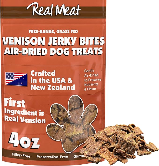 Real Meat Dog Treats - 4oz Bag of Bite-Sized Air-Dried Venison Jerky for Dogs - Grain-Free Jerky Dog Treats Made up of 95% Human-Grade, Free-Range, Grass Fed Venison - Natural High Protein Dog Treats