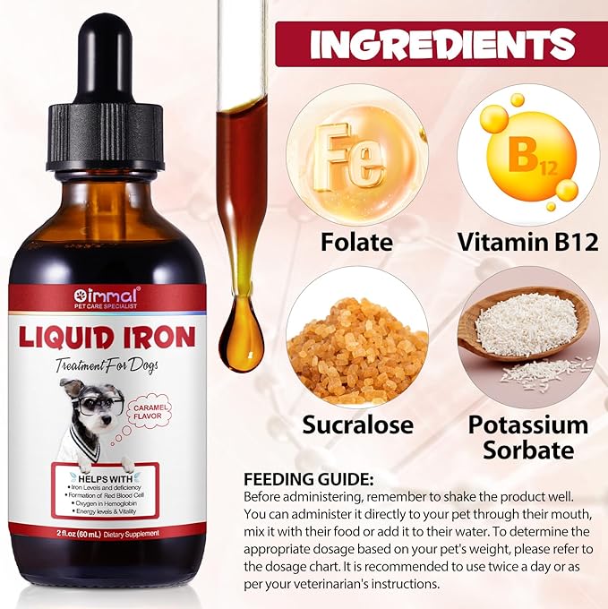 Liquid Iron Supplements for Dogs,LiquiI Iron with Vitamin C and B12,Supports Anemia, Low Enery Levels and Lethargy,Promotes Blood Health, Helps with Formation of Red Blood Cell