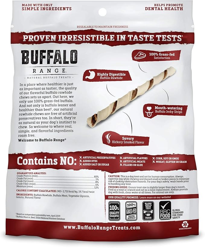 Rawhide Dog Treats | Healthy, Grass-Fed Buffalo Jerky Raw Hide Chews | Hickory Smoked Flavor | Jerky Twist, 40 Count(Pack of 1)