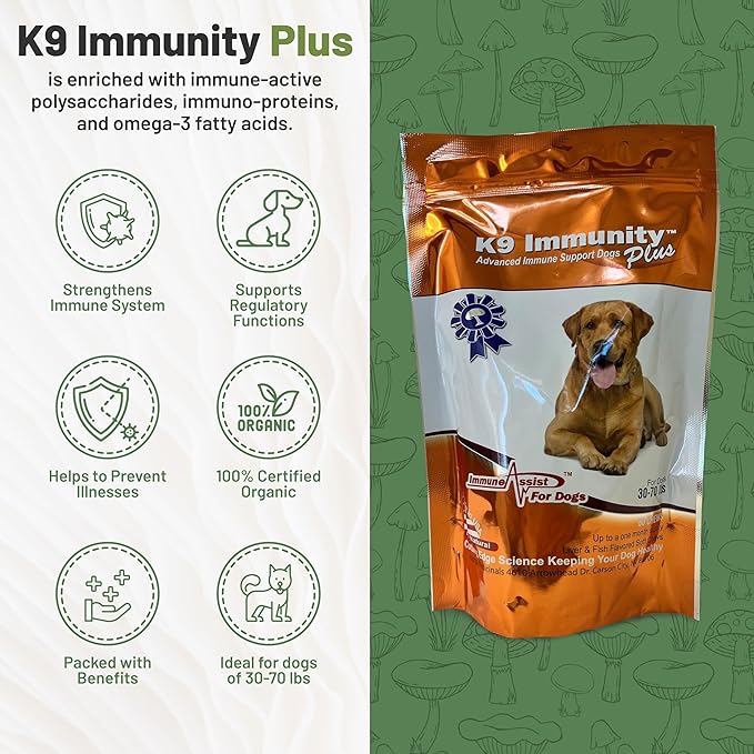 K9 Immunity Plus - Potent Immune Booster for Dogs 30-70 lbs - Certified Organic – Mushroom Enhanced Supplement - Veterinarian Recommended Dog Health Supplement - 60 Chews 2 Pack