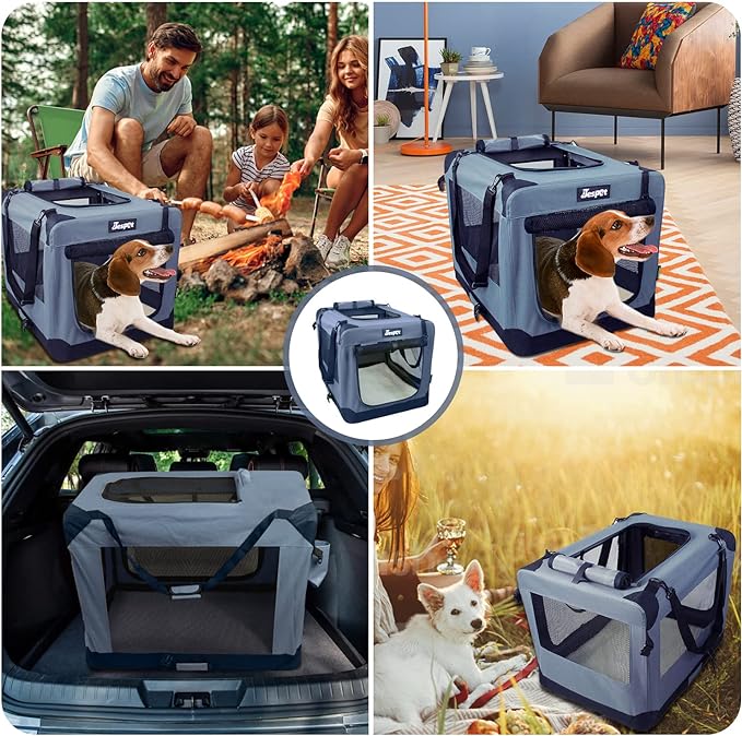 JESPET 36'' Soft Pet Crates Kennel, 3 Door Soft Sided Folding Travel Pet Carrier with Straps and Fleece Mat for Dogs, Cats, Indoor/Outdoor Use with Black (36" L x 24" W x 27" H, Grey)