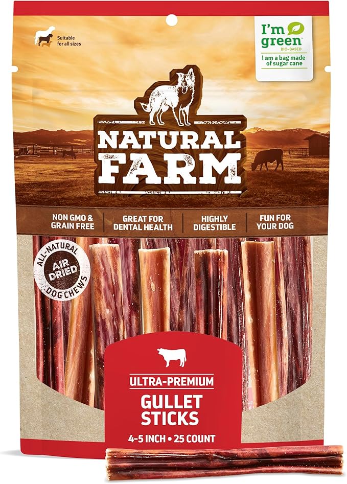 Natural Farm Gullet Sticks (4-5 Inch, 25 Pack), Grain-Free, Preservative-Free & Fully Digestible Beef Esophagus – Gentle Yet Effective Fun - Best for Light, Pups & Senior Chewers