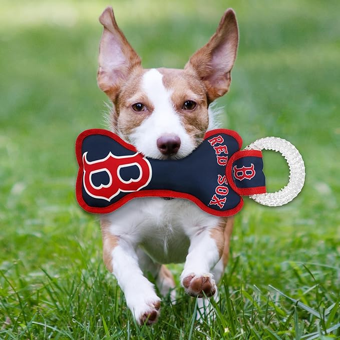 MLB Boston Red Sox Bone Shaped Dental Dog TUG Toy with Squeaker. Tough PET Toy for Healthy Fun, Teething, and Cleaning pet's Teeth and Gum.