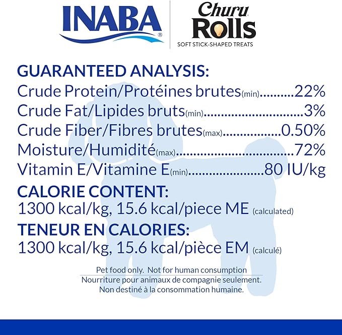 INABA Churu Rolls for Dogs, Grain-Free, Soft/Chewy Baked Chicken Wrapped Churu Filled Dog Treats, 0.42 Ounces Each Stick| 48 Stick Treats Total (8 Sticks per Pack), Chicken with Cheese Recipe