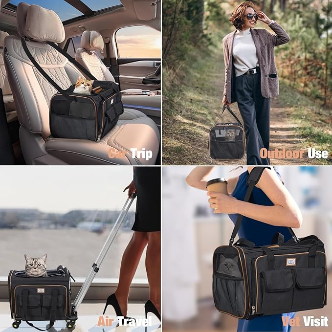 Lekereise Airline Approved Cat Dog Carrier with Wheels Expandable Rolling Pet Carrier for Medium Dogs and Cats Under 15 25LBS, Pet Travel Carrier on Wheels, Black