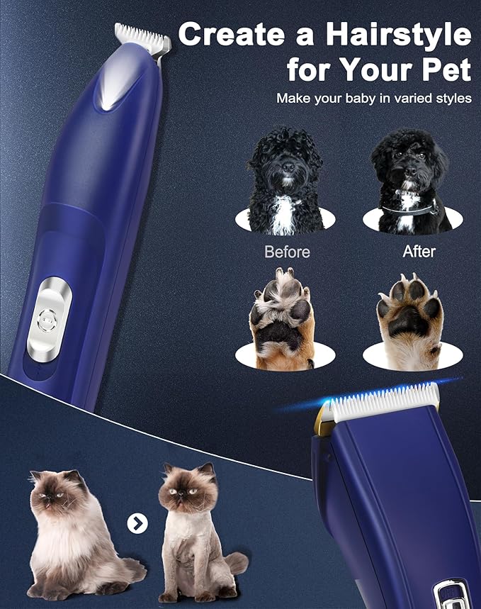 2 in 1 Dog Grooming Kit, Low Noise Dog Clippers for Thick Heavy Coats, Professional Cordless Dog Paw Trimmer with LED Light, USB Rechargeable Pet Hair Shaver for Small & Large Dogs Cats Pets