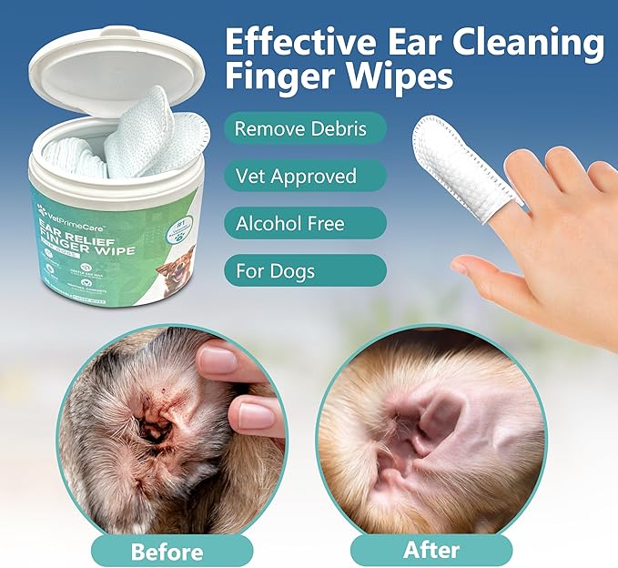 Pet Finger Wipes for Dogs Ear Relief, Aloe Vera & Eucalyptus Infusion, Pet Grooming Wipes, Remove Debris & Ear Wax, Soothe & Deodorize, 55-Count Pack.