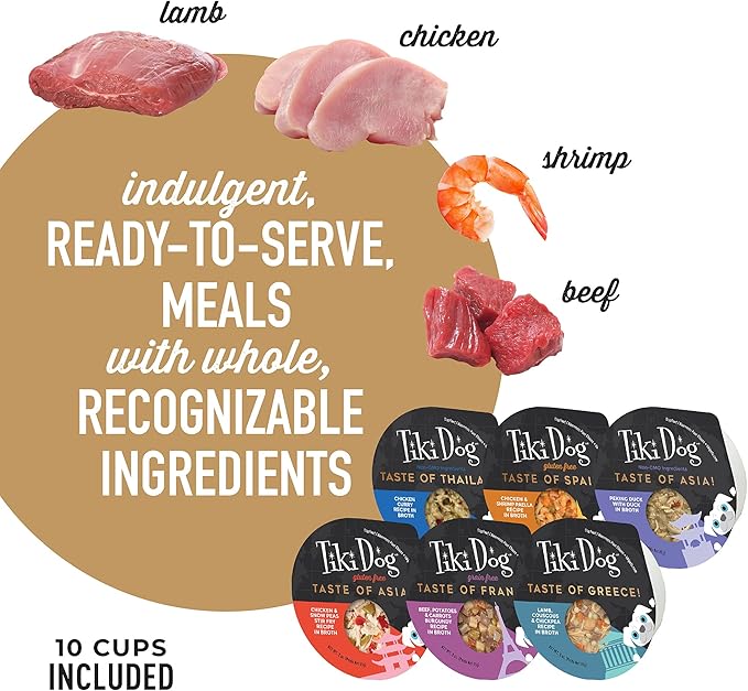 Tiki Dog Taste of The World Whole Food, Variety Pack of Gourmet International Flavors in Broth, Culinary Inspired High Protein and Moisture Rich Superfoods Wet Dog Food, 3 Oz Cups, Pack of 10