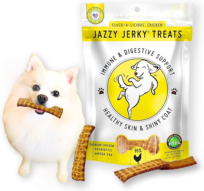 Canine Wellness Jazzy Jerky Treats, Cluck-A-Licious Chicken with Prebiotics for Gut & Immune Health, Omega 3s & 6s for Skin & Coat Health, Made in The USA, Small-Large Dogs, 5 oz