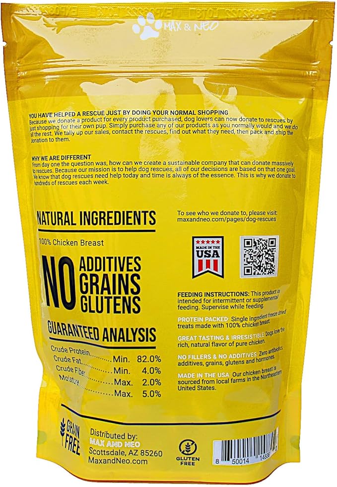 Max and Neo Freeze Dried Chicken Breast Dog Treats - Single Ingredient, Pasture Raised, Antibiotic Free, Human Grade Chicken Grown in The USA - We Donate 1 for 1 to Dog Rescues for Every Product Sold