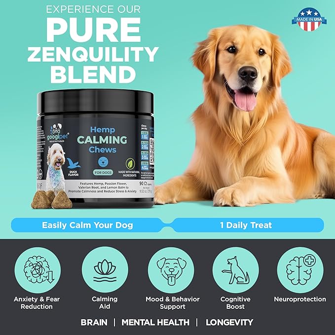 Googipet Hemp Calming Chews for Dogs - Separation Anxiety Relief for Dogs, Dog Calming Chews with Valerian Root, & Hemp, Non-Drowsy Dog Calming Treats - Helps Aid with Thunder, Shaking & Barking