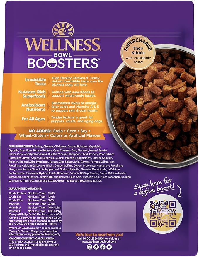 Wellness Tender Toppers (Previously Bowl Boosters), Grain-Free Natural Dog Food Toppers or Mixers, Made with Real Meat (Turkey & Chicken, 2-Pound Bag)