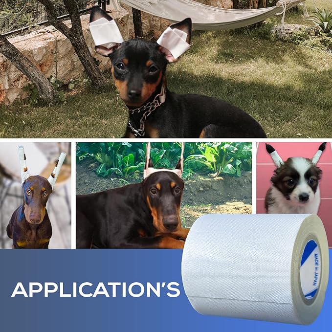 Ear Tape for Dogs 1 Pack with Dog Ear Cleaner Cotton Swabs, Self Adhesive Cotton Tape for Dog Ear Protection and Support, Ear Care Set for Dogs (2.0 inch (50 mm))