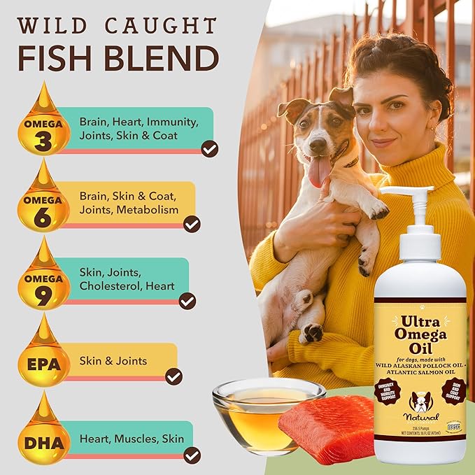 Natural Dog Ultra Omega 3 Fish Oil for Dogs 16oz, Dog Fish Oil Supplement for Shedding, Itch Relief, Supports Dry Skin, Joints, Omega 6 & 9 Fish Oil Dogs, Flax, Pollock, Salmon Oil for Dogs