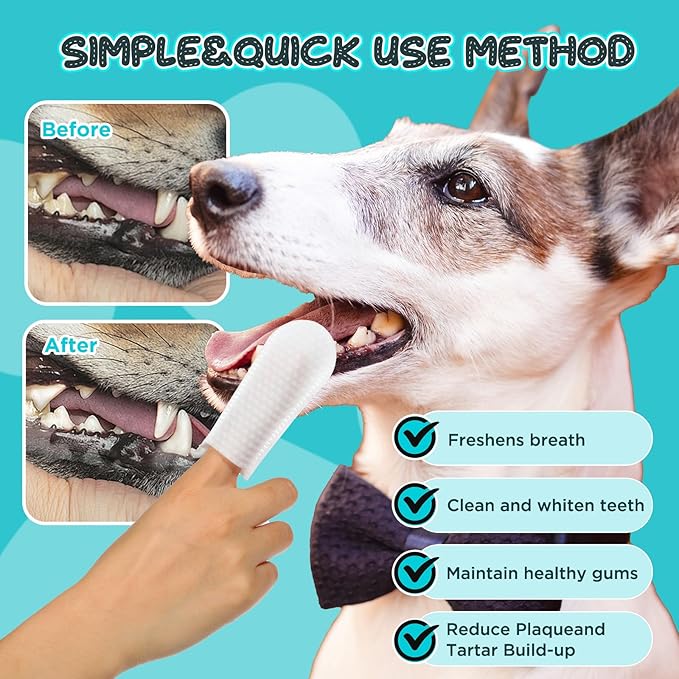 2-Pack Teeth and Ear Cleaner Finger Wipes, Dog and Cat Grooming Kit, Soothing Odor Control, Reduces Dirt and Wax Buildup (1*Teeth Wipes&Ear Wipes&Eye Wipes)