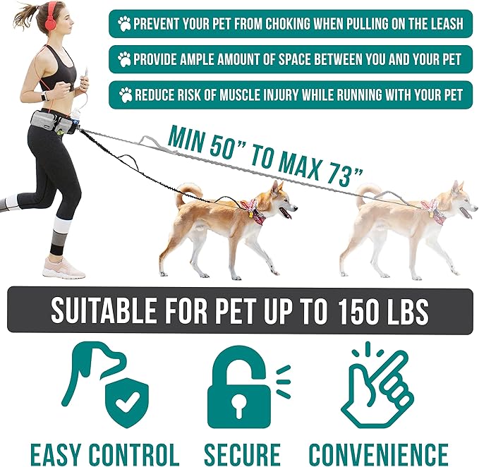 PetAmi Hands Free Dog Leash, Dog Running Leash Belt Bag for Walking, Jogging, Dog Waist Double Zipper Pouch with Poop Bag Dispenser, Dual Padded Handles Reflective Bungee Leash, Single