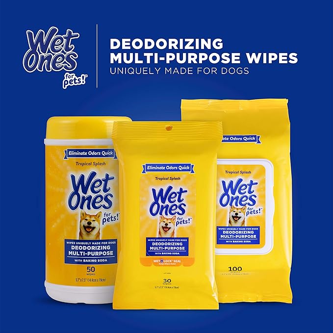 Wet Ones for Pets Deodorizing Multi-Purpose Dog Wipes With Baking Soda | Dog Deodorizing Wipes For All Dogs in Tropical Splash Scent, Wet Ones Wipes for Deodorizing Dogs | 50 Ct Cannister Dog Wipes