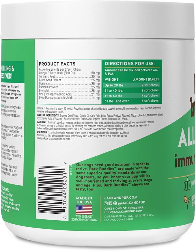 Jack&Pup Dog Allergy Chews - Bark Buddies Aller-Care Soft Chew Bites Itch Relief for Dogs & Allergy Support for Dogs - Dog Immune Supplement, Dog Skin Allergies Treatment and Anti Itch for Dogs 60ct