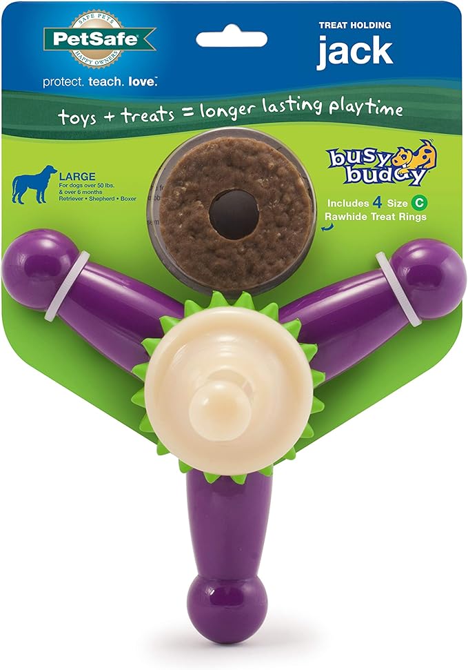 PetSafe Busy Buddy Treat Holding Jack Dog Toy – Strong Chewers - Challenging - Treat Rings Included - Large