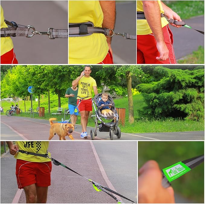 Hands Free Dog Leash for Running +Training Leash Walking & Double Dog Leash Coupler Set, Fits 2 Dogs - Bungee Leash & Reflective Leash - Adjustable Waist Belt & Retractable Leashes Take Yankee