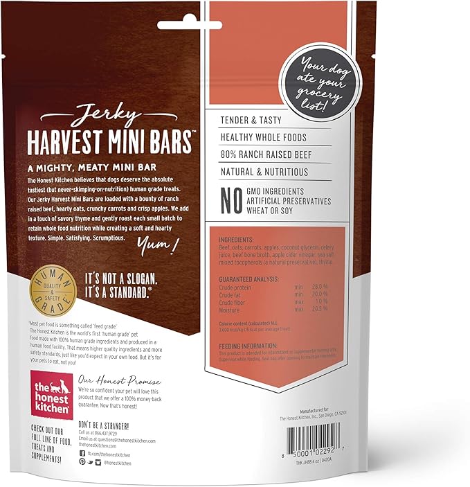 The Honest Kitchen Jerky Harvest Mini Bars: Beef Recipe With Carrots & Apples, 4 oz Bag