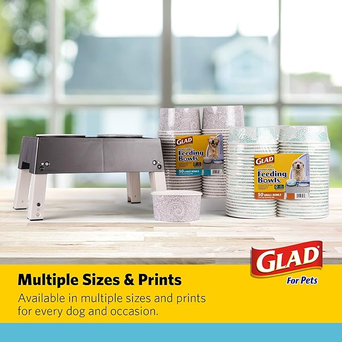 Glad for Pets Disposable Feeding Bowls | Large Disposable Dog Bowls in Gray Pattern | 3.5 Cup Feeding Size, 25 Count - Dog Bowls are Great for Dry and Wet Dog Food or Water