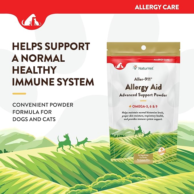 NaturVet Aller-911 Advanced Allergy Aid Formula Powder Plus Antioxidants for Dogs and Cats, 9 oz Powder, Made in The USA