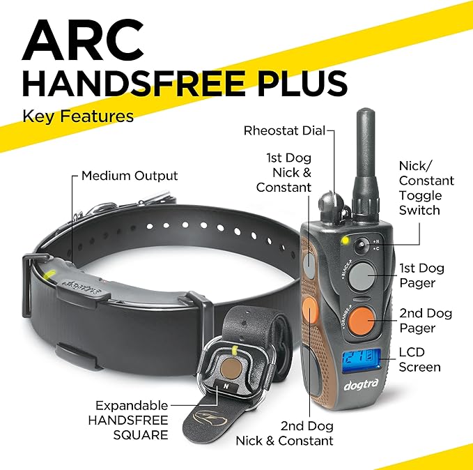 Dogtra ARC HANDSFREE Plus Expandable to 2-Dog Remote Dog Training E-Collar with HANDSFREE Square for Discreet and Precise Control Slim Ergonomic Rechargeable Waterproof 3/4-Mile Range