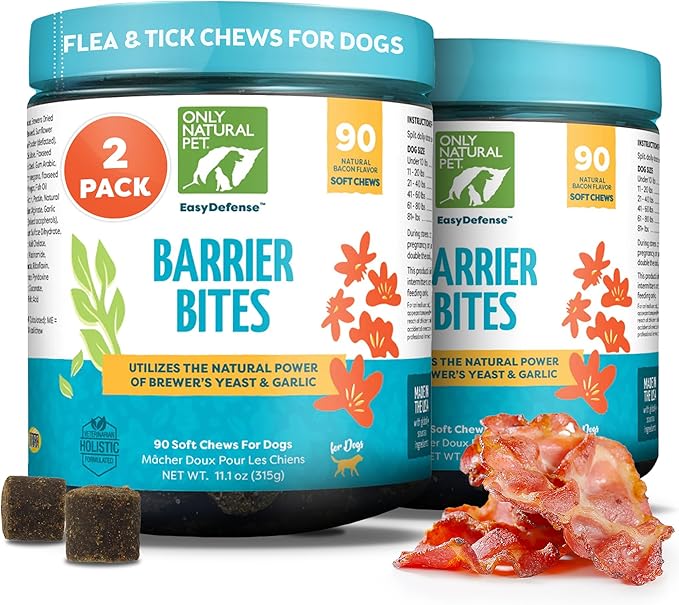 Only Natural Pet EasyDefense Barrier Bites Soft Flea Chews for Dogs - First Line of Defense Againts Fleas & Ticks, Boosts Immune System and Healthy Skin & Coat - (90 Bacon Flavored Soft Chews) 2 Pack