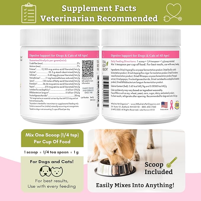 Wholistic Pet Organics: Dog Probiotics and Digestive Enzymes Powder - 4 oz - Dog Digestive Support Supplement Prevents Upset Stomach Gut Health - Digest all Probiotics for Dogs and Cats Stool