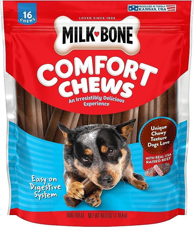 Milk-Bone Comfort Chews, Rawhide Free Dog Treats with Unique Chewy Texture and Real Beef, 16 Chews, Easy on Digestive System