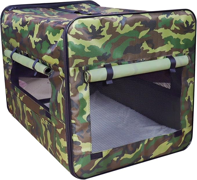 Go Pet Club 18" Soft Collapsible Dog Crate, Portable Pet Carrier, Thick Padded Pet Travel Crate for Indoor & Outdoor, Foldable Kennel Cage with Durable Mesh Windows, Forest Green Camo