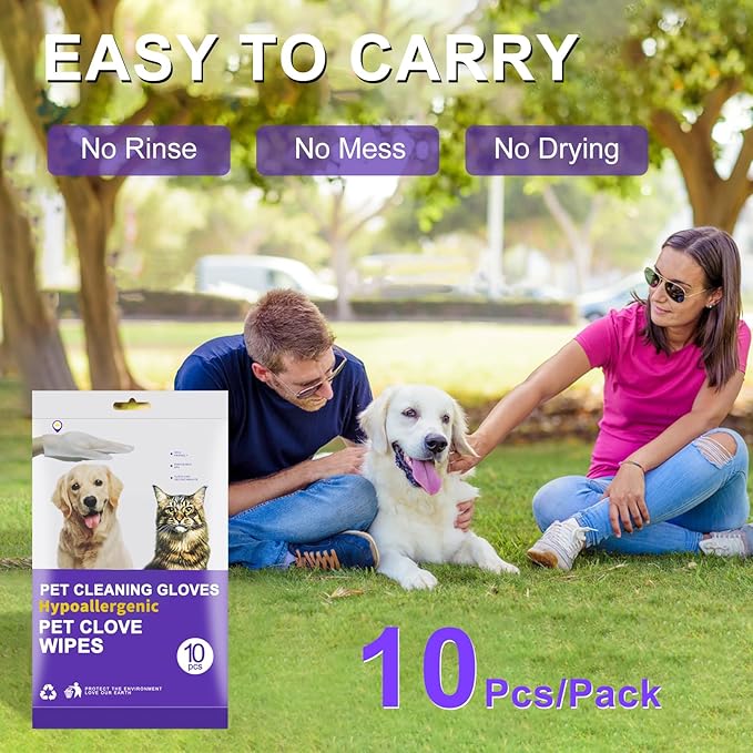 Dog Bath Supplies, No Rinse Pet Wipes, Cleaning & Deodorizing Grooming Gloves, Pet Bathing Gloves Wipes for Daily Care and Traveling, Hypoallergenic- 10PCS
