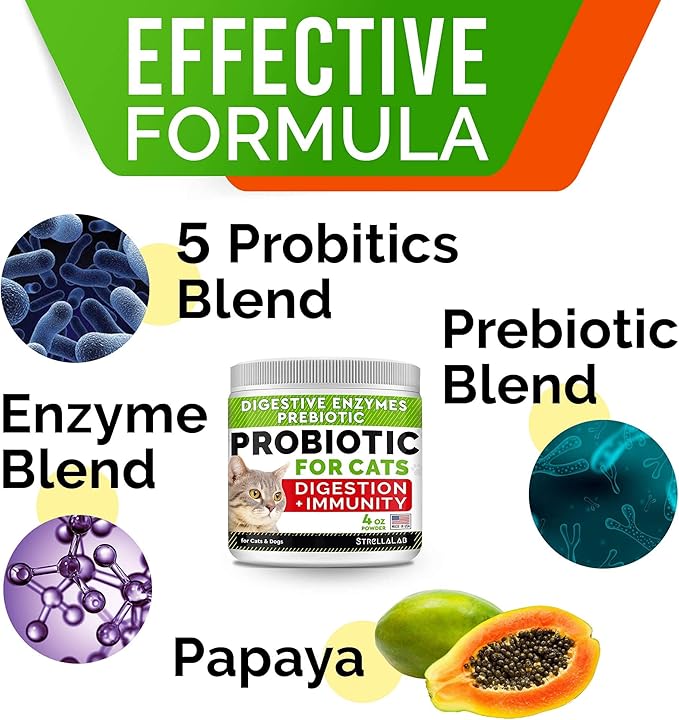 Probiotics Powder for Cats and Dogs - All Natural Supplement - Digestive Enzymes + Prebiotics - Relieves Diarrhea, Upset Stomach, Gas, Constipation, Litter Box Smell, Skin Allergy -4oz (Pack of 2)