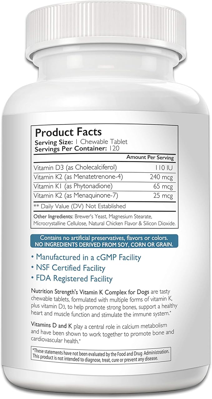 Vitamin K for Dogs, Vitamins K1 & K2 (MK4 & MK7) + Vitamin D3, Help Maintain Strong Bones, Promote Healthy Heart, Boost Immune System, Support Muscle Function, 120 Chewable Tablets