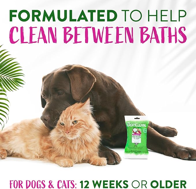 TropiClean Berry & Coconut Dog Wipes for Paws and Butt | Deep Cleaning Dog Grooming Wipes | Safe for The Face | Cat Friendly | 20 Count
