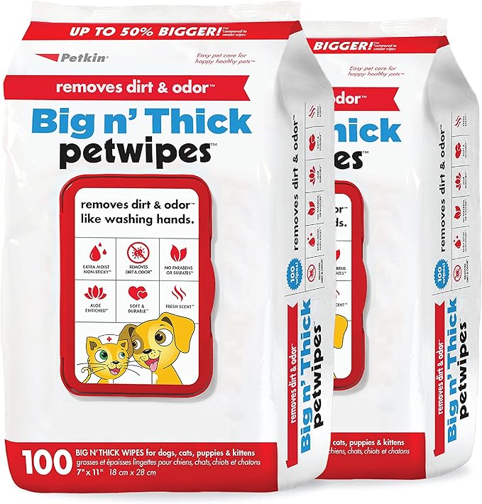 Petkin Pet Wipes for Dogs and Cats, 200 Large Wipes - Removes Dirt & Odor Like Washing Hands - Cleans Ears, Face, Butt, Eye Area - Convenient, Ideal for Home or Travel - 2 Packs of 100 Wipes