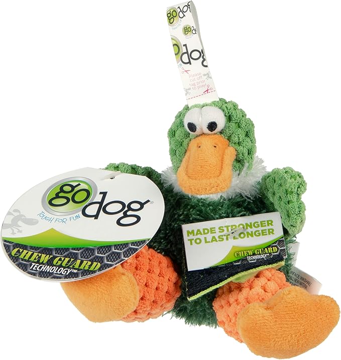 goDog Checkers Just for Me Sitting Duck Squeaky Plush Dog Toy, Chew Guard Technology - Green, Mini