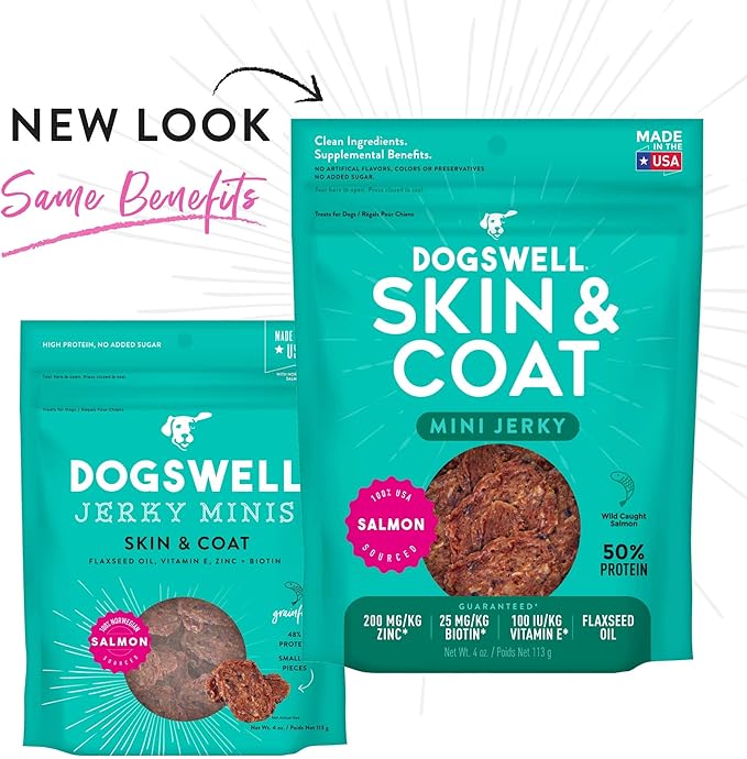 Dogswell Jerky Skin and Coat – Mini Salmon Jerky Dog Treats with Dog Skin & Coat Support (4 oz. Salmon)